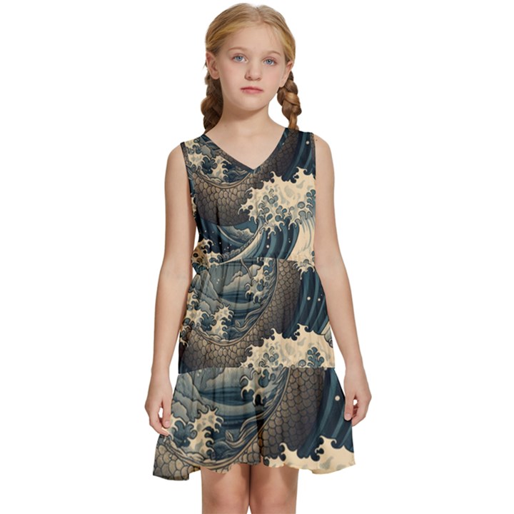 Sea Dragon Kanagawa Sea Monster Kids  Sleeveless Tiered Mini Dress