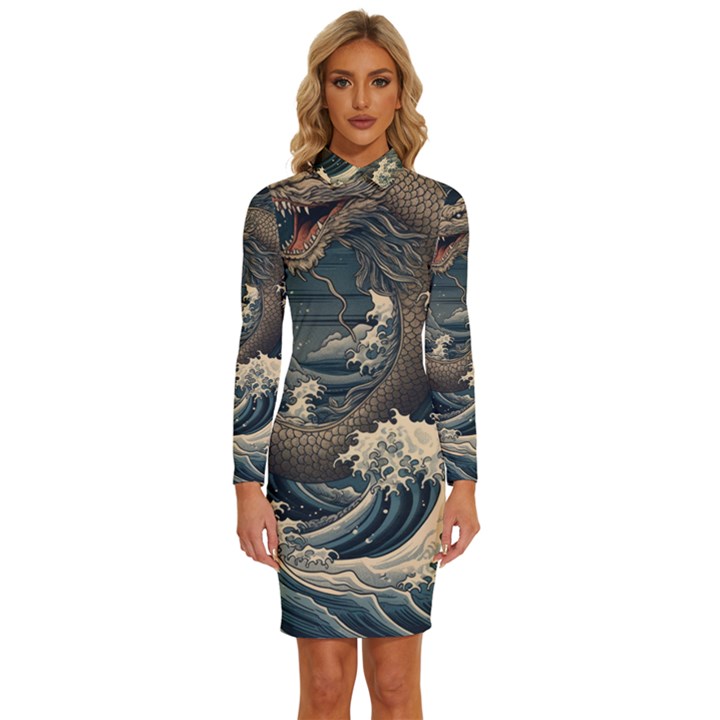 Sea Dragon Kanagawa Sea Monster Long Sleeve Shirt Collar Bodycon Dress