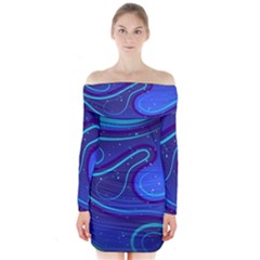 Spiral Shape Blue Abstract Long Sleeve Off Shoulder Dress