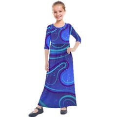 Spiral Shape Blue Abstract Kids  Quarter Sleeve Maxi Dress