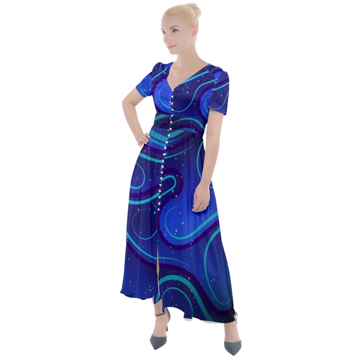 Spiral Shape Blue Abstract Button Up Short Sleeve Maxi Dress