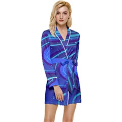 Spiral Shape Blue Abstract Long Sleeve Satin Robe