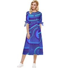 Spiral Shape Blue Abstract Bow Sleeve Chiffon Midi Dress by Jancukart