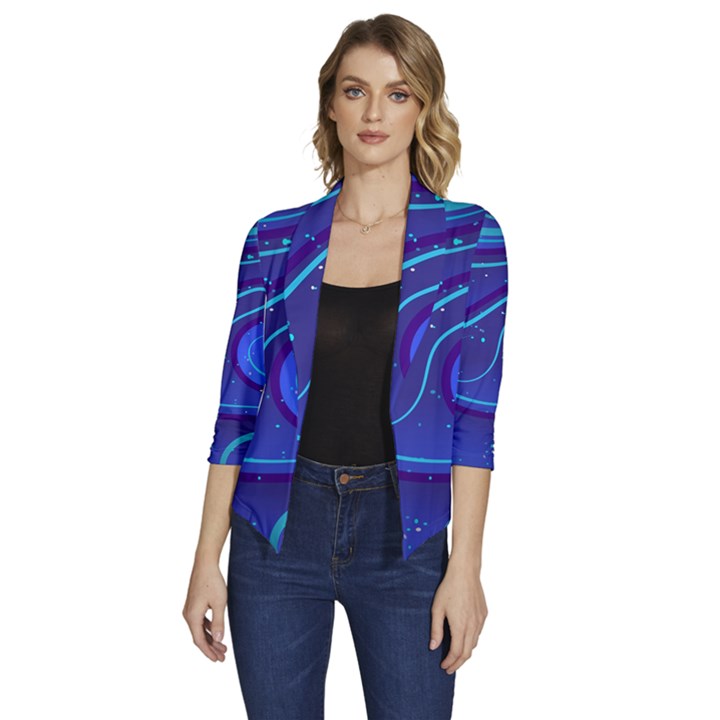 Spiral Shape Blue Abstract Women s Draped Front 3/4 Sleeve Shawl Collar Jacket