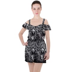 Lion Furious Abstract Desing Furious Ruffle Cut Out Chiffon Playsuit