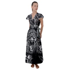 Lion Furious Abstract Desing Furious Flutter Sleeve Maxi Dress