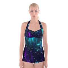 Abstract Building City 3d Boyleg Halter Swimsuit 