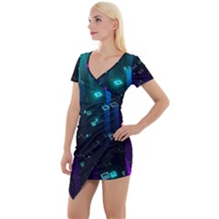 Abstract Building City 3d Short Sleeve Asymmetric Mini Dress