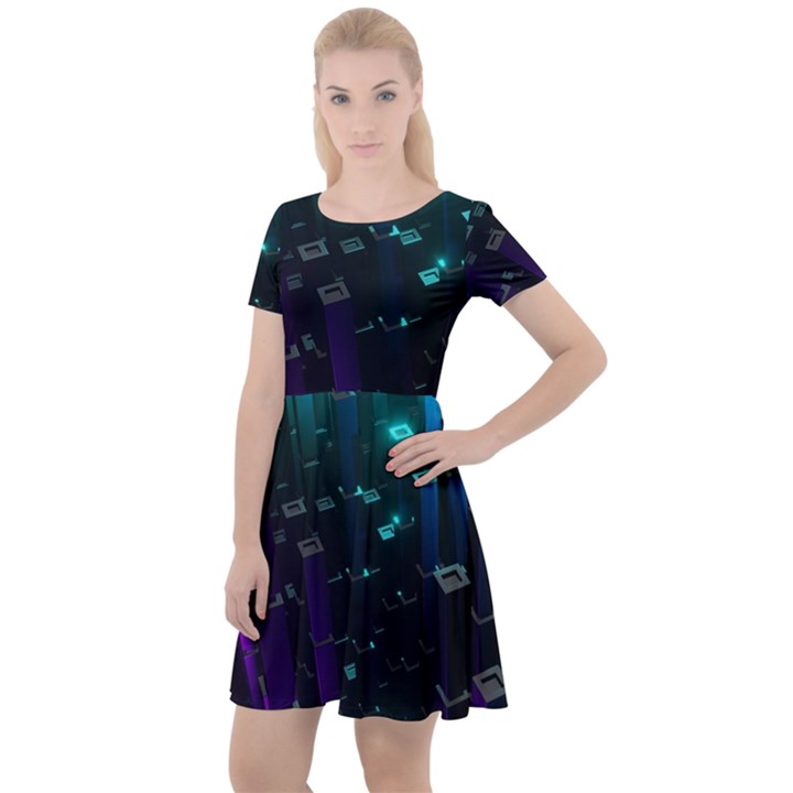 Abstract Building City 3d Cap Sleeve Velour Dress 