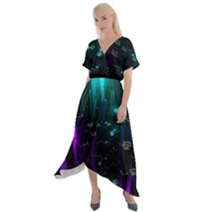 Abstract Building City 3d Cross Front Sharkbite Hem Maxi Dress