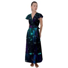 Abstract Building City 3d Flutter Sleeve Maxi Dress