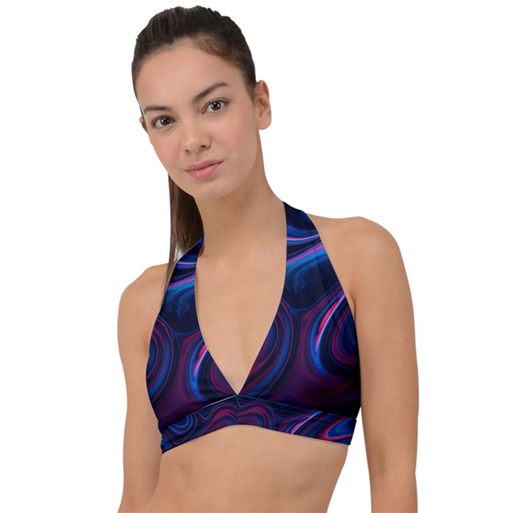 Purple Blue Swirl Abstract Halter Plunge Bikini Top