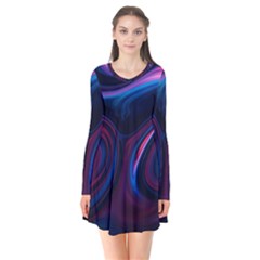 Purple Blue Swirl Abstract Long Sleeve V-neck Flare Dress