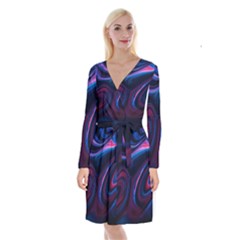 Purple Blue Swirl Abstract Long Sleeve Velvet Front Wrap Dress