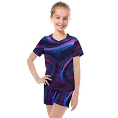 Purple Blue Swirl Abstract Kids  Mesh Tee And Shorts Set