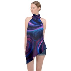 Purple Blue Swirl Abstract Halter Asymmetric Satin Top by Jancukart