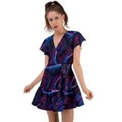 Purple Blue Swirl Abstract Flutter Sleeve Wrap Dress