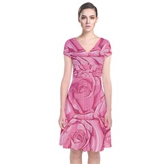 Pink Roses Pattern Floral Patterns Short Sleeve Front Wrap Dress