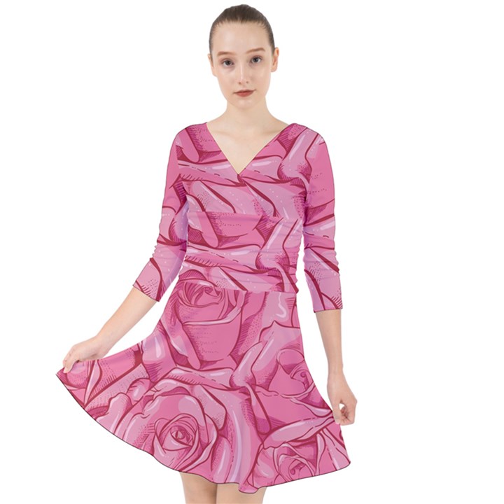 Pink Roses Pattern Floral Patterns Quarter Sleeve Front Wrap Dress