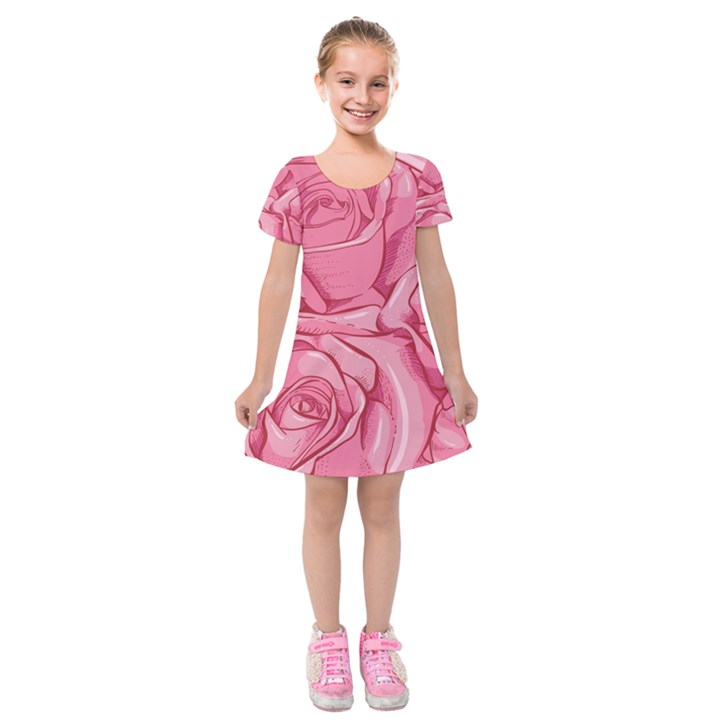 Pink Roses Pattern Floral Patterns Kids  Short Sleeve Velvet Dress