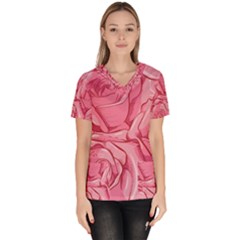 Pink Roses Pattern Floral Patterns Women s V-neck Scrub Top