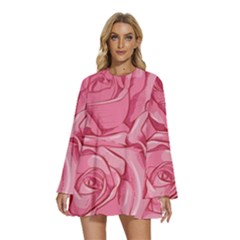 Pink Roses Pattern Floral Patterns Round Neck Long Sleeve Bohemian Style Chiffon Mini Dress by Jancukart