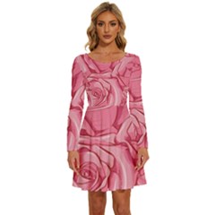 Pink Roses Pattern Floral Patterns Long Sleeve Wide Neck Velvet Dress by Jancukart