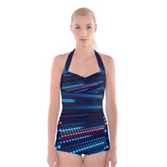 Orange Blue Dot Dots Lines Abstract Abstract Digital Art Boyleg Halter Swimsuit 