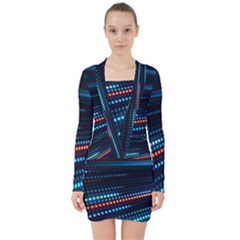 Orange Blue Dot Dots Lines Abstract Abstract Digital Art V-neck Bodycon Long Sleeve Dress