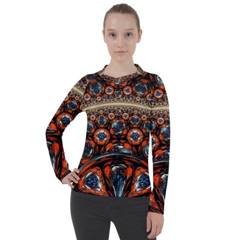 Fractal Floral Ornaments Rings 3d Sphere Floral Pattern Neon Art Women s Pique Long Sleeve Tee by Jancukart