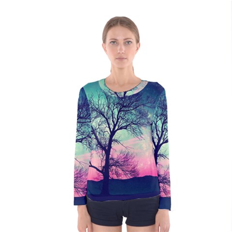 Tree Abstract Field Galaxy Night Nature Women s Long Sleeve Tee by Jancukart