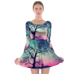 Tree Abstract Field Galaxy Night Nature Long Sleeve Skater Dress by Jancukart