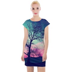 Tree Abstract Field Galaxy Night Nature Cap Sleeve Bodycon Dress