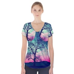 Tree Abstract Field Galaxy Night Nature Short Sleeve Front Detail Top by Jancukart