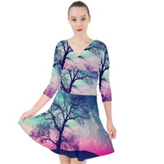 Tree Abstract Field Galaxy Night Nature Quarter Sleeve Front Wrap Dress