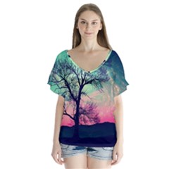 Tree Abstract Field Galaxy Night Nature V-neck Flutter Sleeve Top