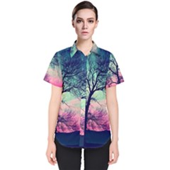 Tree Abstract Field Galaxy Night Nature Women s Short Sleeve Shirt