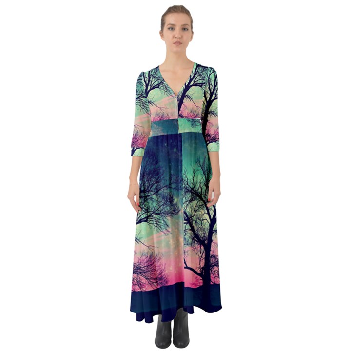 Tree Abstract Field Galaxy Night Nature Button Up Boho Maxi Dress