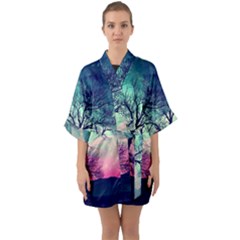 Tree Abstract Field Galaxy Night Nature Half Sleeve Satin Kimono  by Jancukart