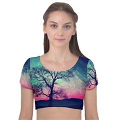 Tree Abstract Field Galaxy Night Nature Velvet Short Sleeve Crop Top 