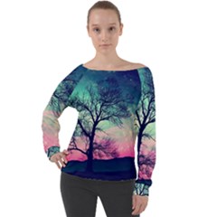 Tree Abstract Field Galaxy Night Nature Off Shoulder Long Sleeve Velour Top