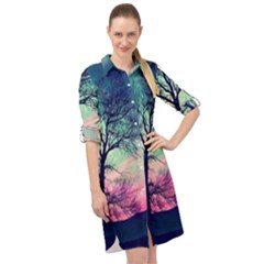 Tree Abstract Field Galaxy Night Nature Long Sleeve Mini Shirt Dress