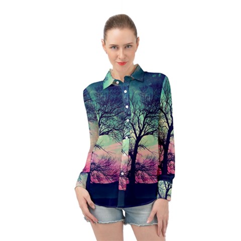 Tree Abstract Field Galaxy Night Nature Long Sleeve Chiffon Shirt by Jancukart