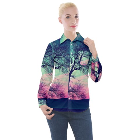 Tree Abstract Field Galaxy Night Nature Women s Long Sleeve Pocket Shirt by Jancukart