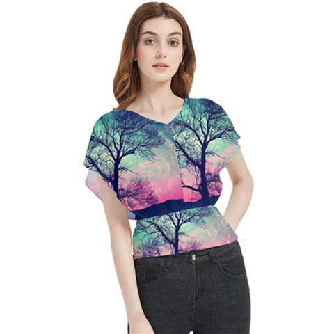 Tree Abstract Field Galaxy Night Nature Butterfly Chiffon Blouse by Jancukart