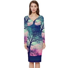 Tree Abstract Field Galaxy Night Nature Long Sleeve V-neck Bodycon Dress 