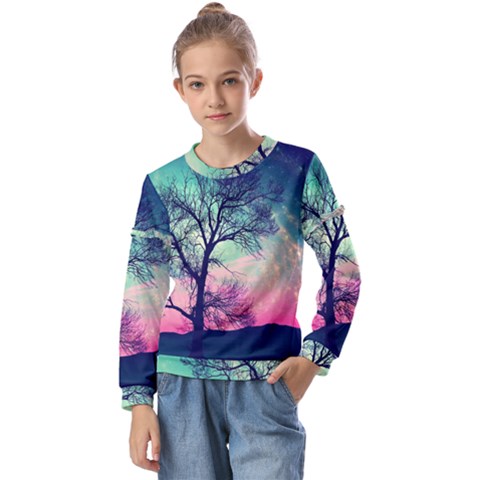 Tree Abstract Field Galaxy Night Nature Kids  Long Sleeve Tee With Frill  by Jancukart