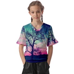 Tree Abstract Field Galaxy Night Nature Kids  V-neck Horn Sleeve Blouse by Jancukart