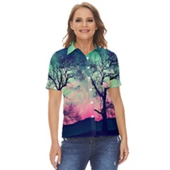 Tree Abstract Field Galaxy Night Nature Women s Short Sleeve Double Pocket Shirt