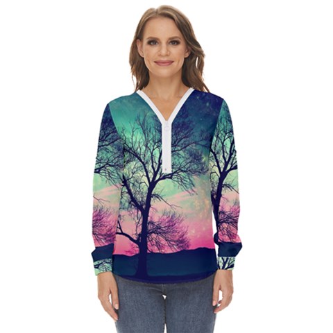 Tree Abstract Field Galaxy Night Nature Zip Up Long Sleeve Blouse by Jancukart